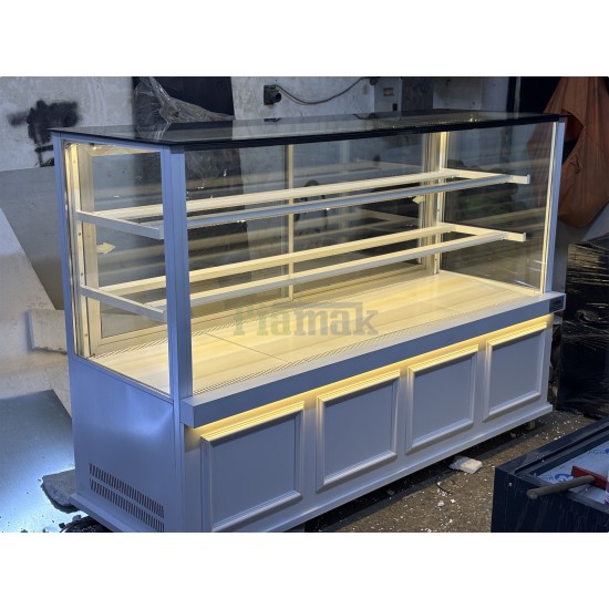 Fiamak 200 cm Beyaz Sade İşlemeli Pasta Teşhir Dolabı - Modern Vitrin Buzdolabı