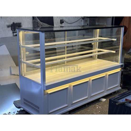 Fiamak 200 cm Beyaz Sade İşlemeli Pasta Teşhir Dolabı - Modern Vitrin Buzdolabı