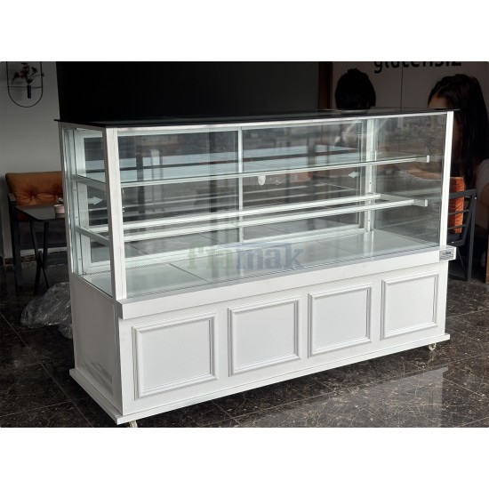 Fiamak 200 cm Beyaz Sade İşlemeli Pasta Teşhir Dolabı - Modern Vitrin Buzdolabı