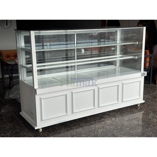 Fiamak 200 cm Beyaz Sade İşlemeli Pasta Teşhir Dolabı - Modern Vitrin Buzdolabı