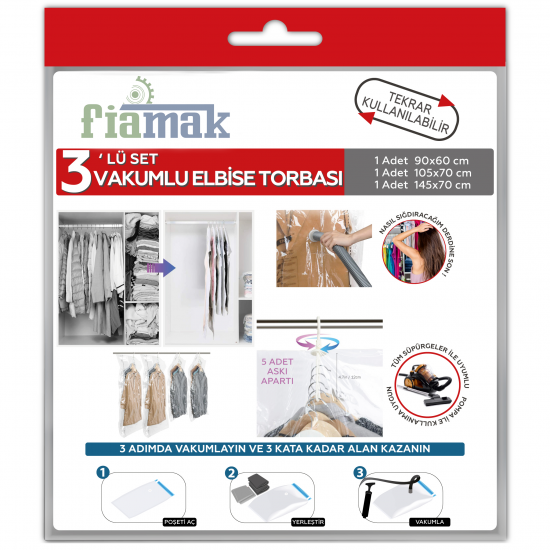 Elbise Torbası - Vakumlu Hurç Torbası - Pratik,Yer Kaplamaz - 3'lü Set
